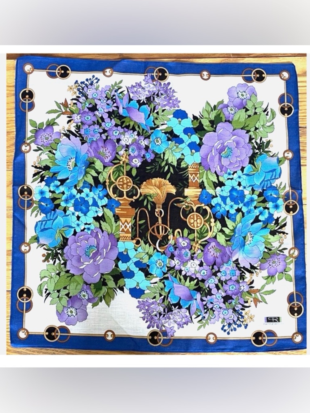 Vintage Floral Scarf Set Blue Gold 3 Piece Square Scarves Patrizia Ricci
